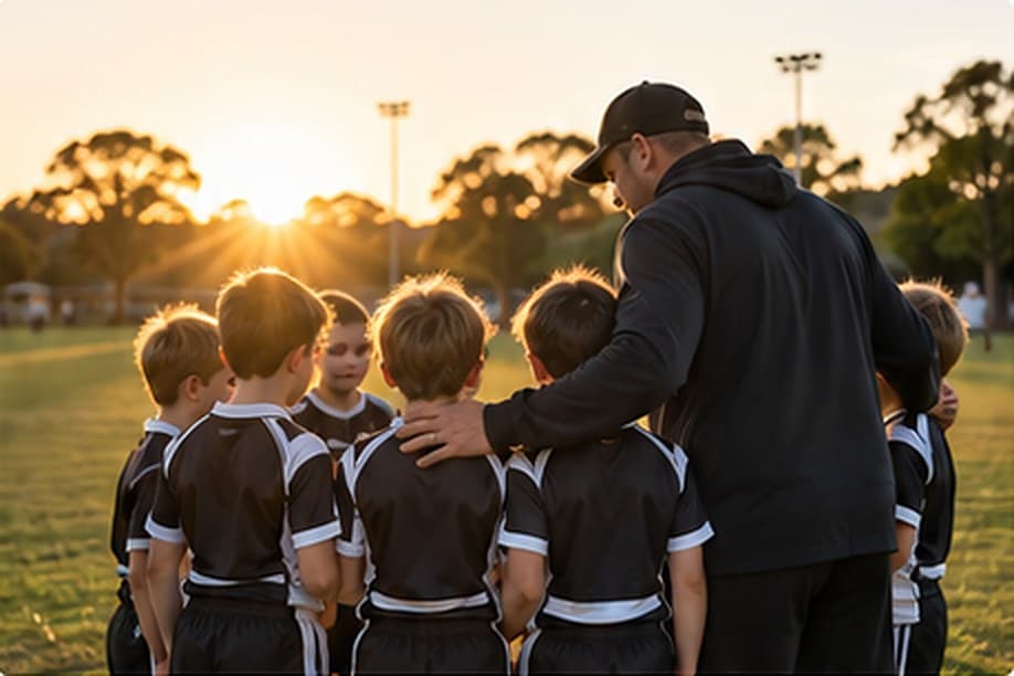 Junior rugby league team gathered around their coach at sunset