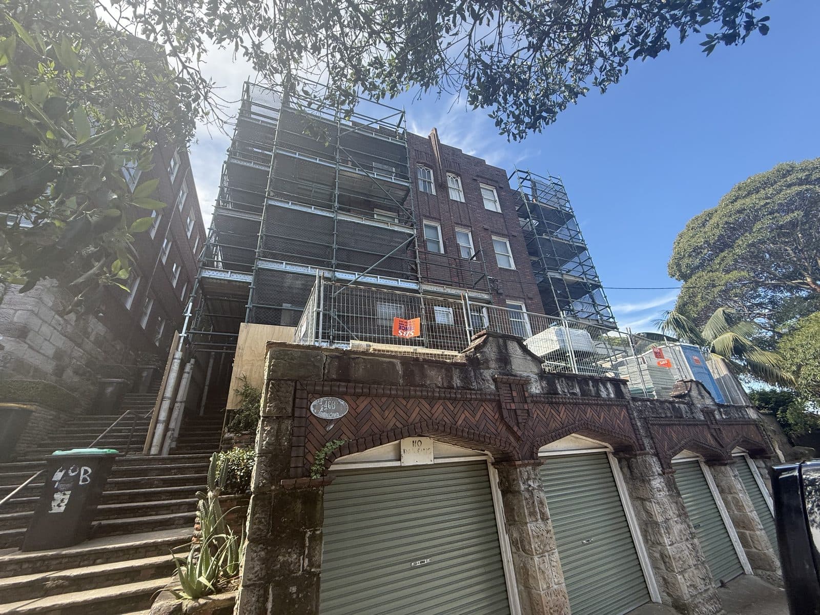 Scaffolded residential block under facade restoration at Bellevue Hill